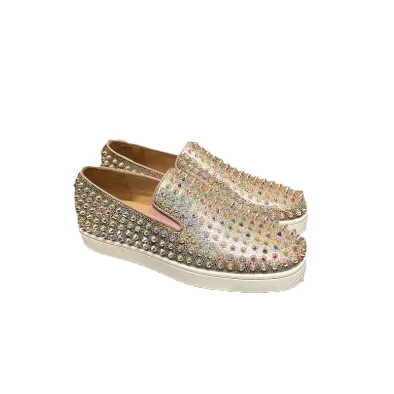 Women Luxury Low Top Red Bottom Shoes For Men Trainers Spiked Gold Glitter Genuine Leather Pearl Rivets White Sole Flats Sneaker