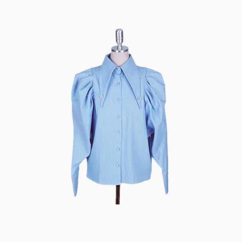 Kpop Korean Drama Star Same Elegant Puff Sleeve Office Lady Shirts Women Winter Blue Casual Buttons Blouses Street Fashion Tops