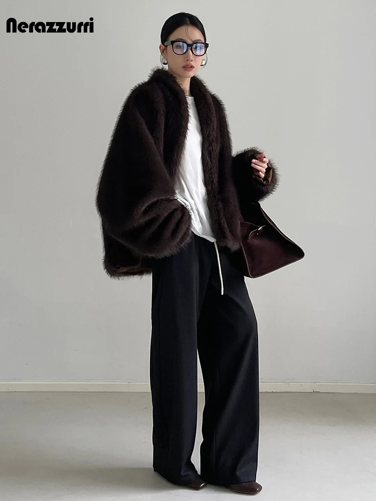 Nerazzurri Winter Loose Casual Hairy Soft Thick Warm Faux Sable Fur Coat Women V Neck Bat Sleeve Luxury Clothes Fluffy Jacket - view 3