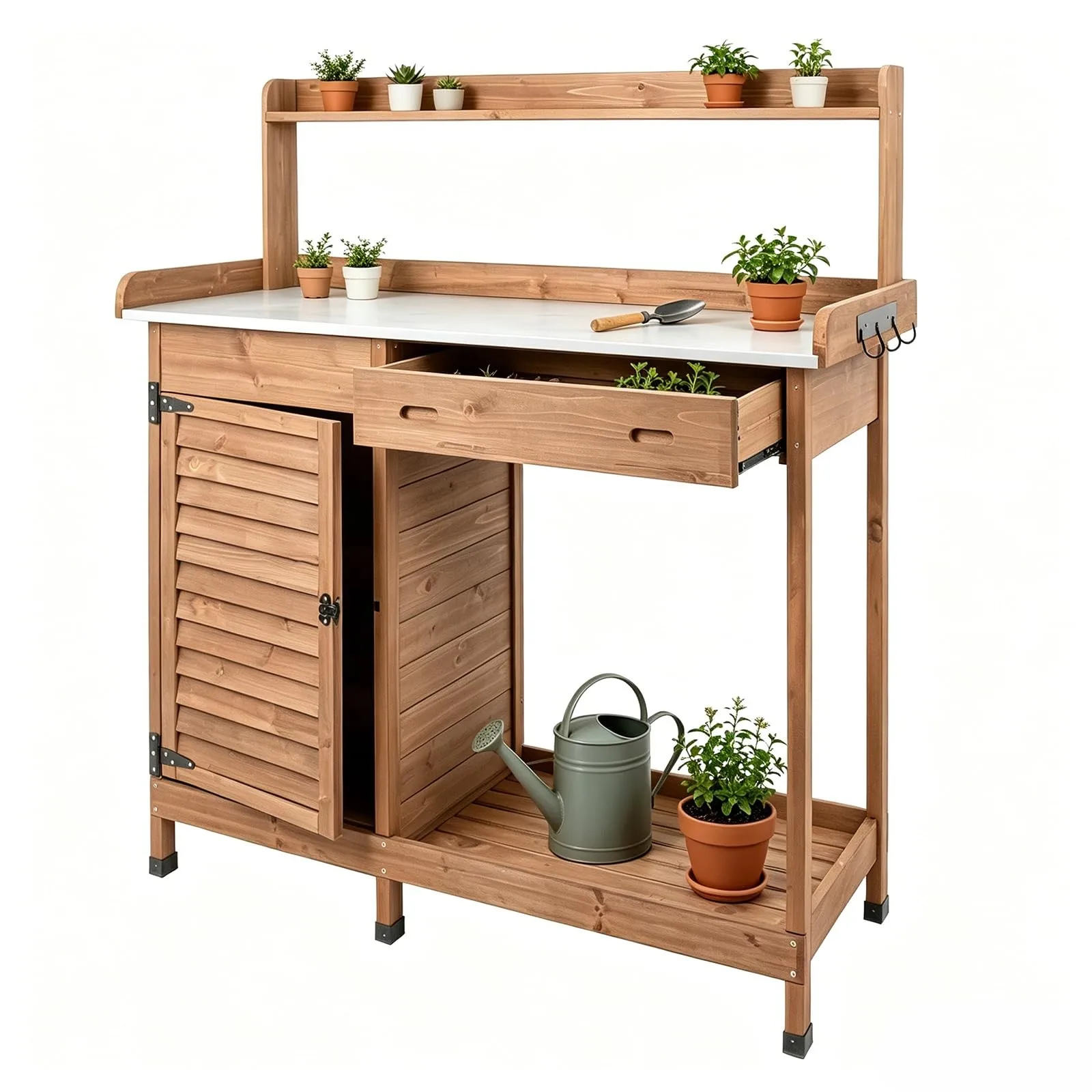 Outdoor Potting Bench Table with Storage Cabinet, Wooden Garden Workstation with Metal Tabletop, Der, Side Hooks &