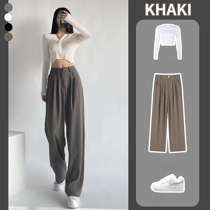 

Khaki Wide Leg Pants Women Autumn and Winter Mop Pants Plush Casual Pants Womens Pants