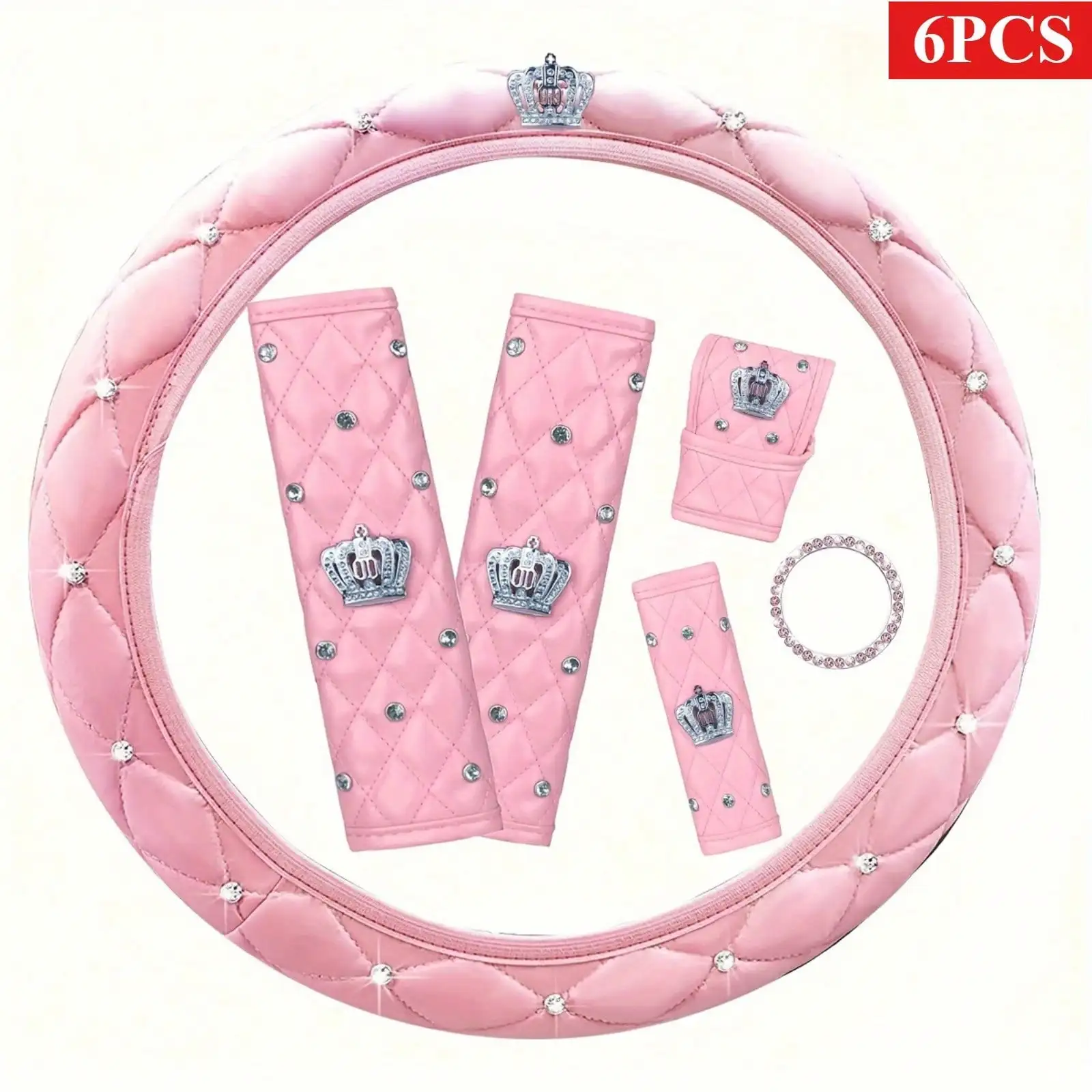 6-Piece PU Leather Women's Car Interior Set: Rhinestone Crown Shiny Steering Wheel/Handbrake/Gearshift Lever Three-Piece Set, Including Shoulder Guard/Cup Holder/Start Ring (General Elegant Decoration)