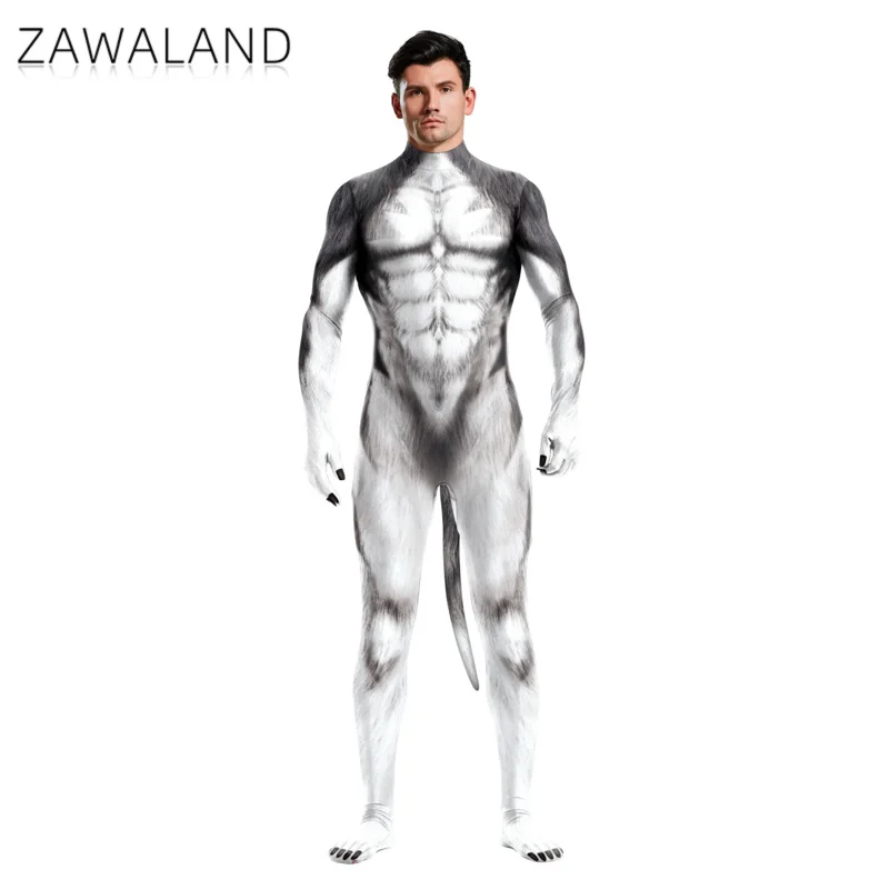 Zawaland-ユニセックスコスプレ衣装,セクシー,スリム,スノーウルフ,動物,3Dプリント,全身タイツ,テール付き全身ジャンプスーツ,パーティープレイスーツ