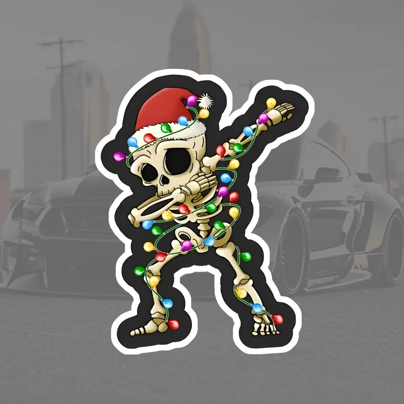 1Pc Dabbing Skeleton Christmas Lights Vinyl Sticker Waterproof UV Resistant For Car Window Laptop Xmas Decor