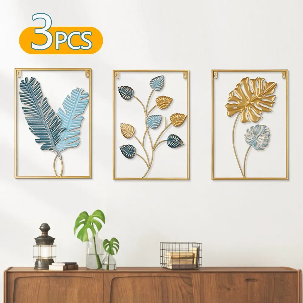 3 pieces Modern Vintage Metal Colored Ginkgo Leaf Iron Wall Hanging Art Home Living Room Wall Frame Decoration Accessories