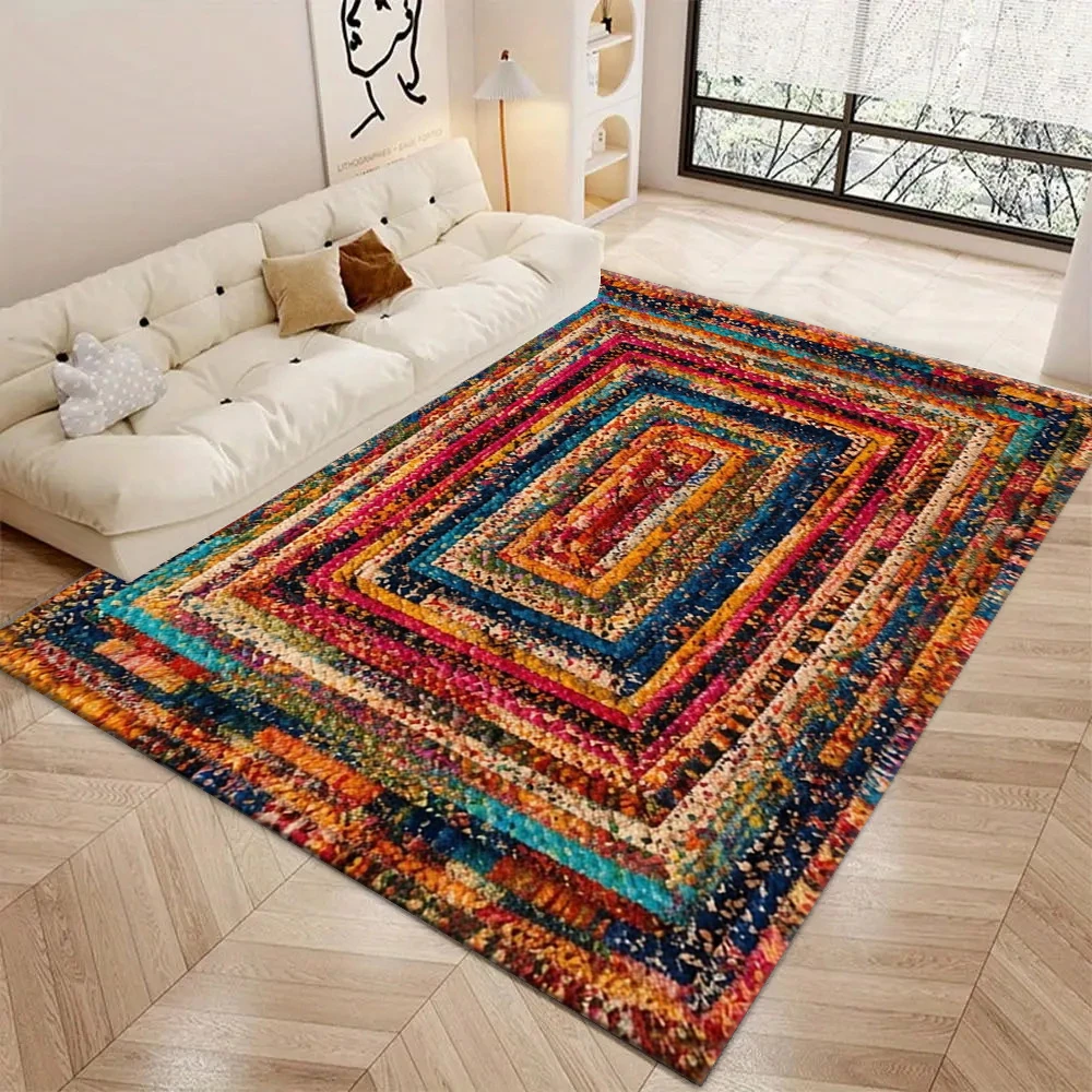 Colorful Spiral Patchwork Boho Area Rug Multicolor Hand‑Made Style Non‑Slip Carpet for Home Living Room Decor