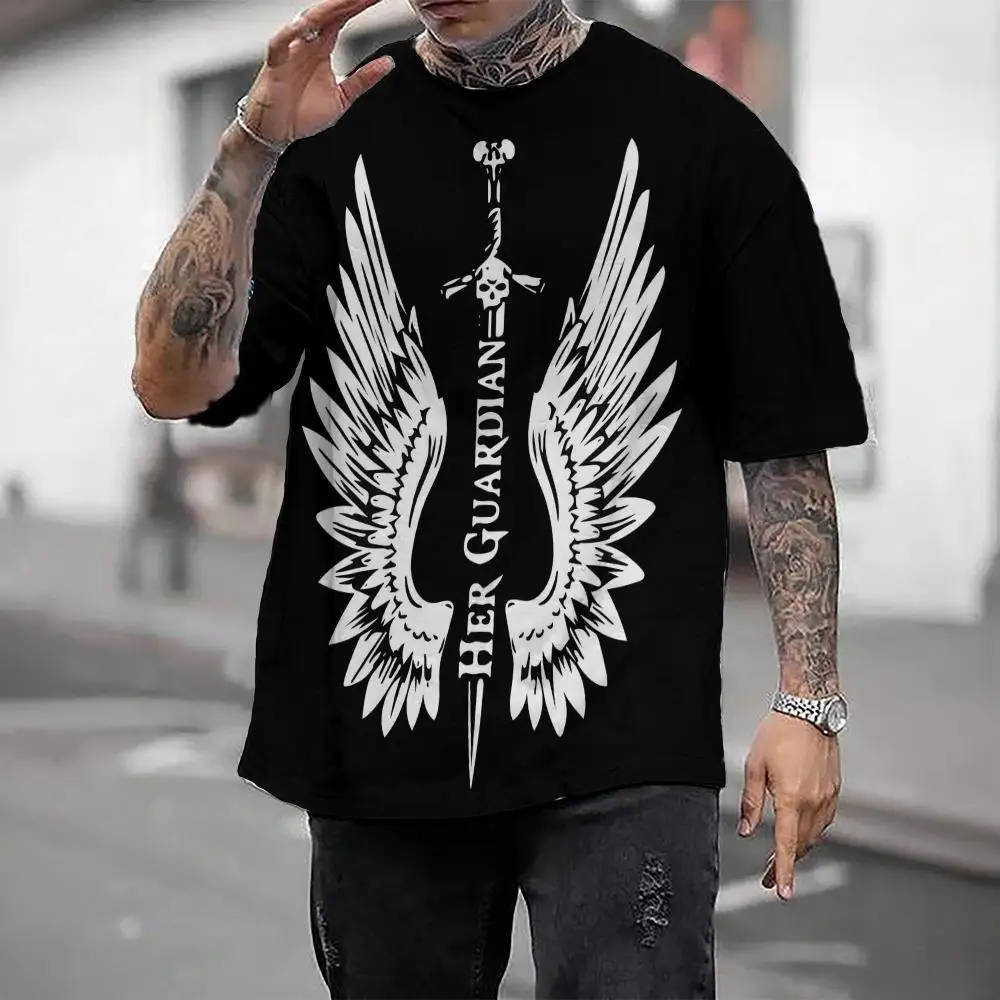 Men\'s T-Shirt With Wing Pattern Printed T-Shirt Casual Short Sleeved T-Shirts Oversized Men Clothing Tops Outdoor Street Clothes