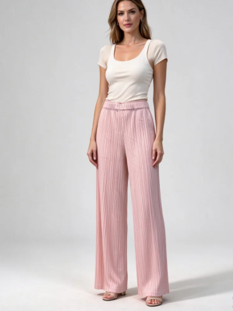 Miyake Women Pink Vertical Pleated Pants, Elastic High Waist Straight Trousers, Casual Loose Wide Leg Pants