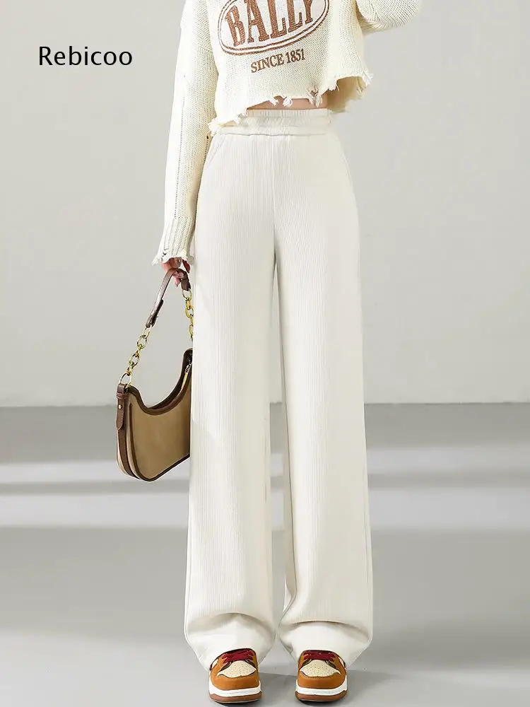 Elastic Waist Loose Wide Leg Pants For Women Soft Ribbed Texture Long Trousers For Creating Comfortable Daily Casual Looks