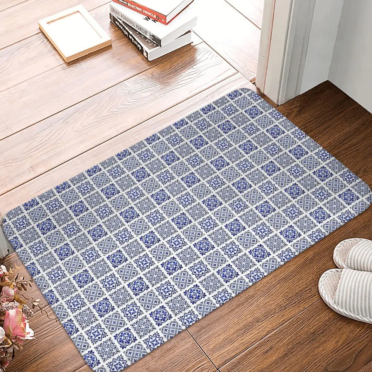 Blue And White Oriental Antique Traditional Andalusian Moroccan Zellige Tiles Style Pattern Doormat Rug Carpet Mat Footpad