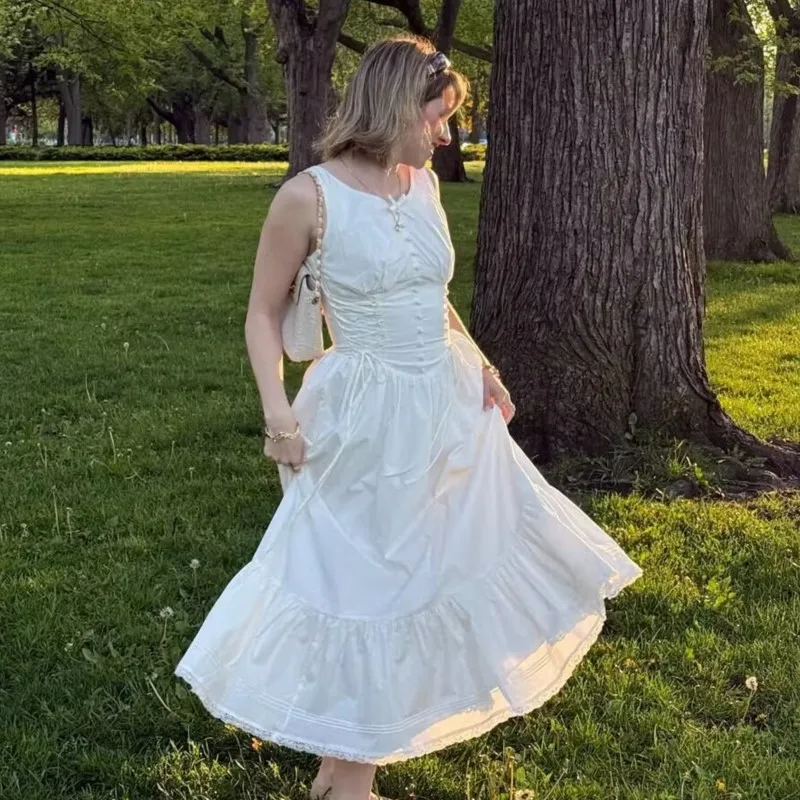 2025년 여름 플로럴 프린트 보헤미안 드레스 여성 앞면 레이스업 보우 O넥 A라인 미디 탱크 드레스 우아한 여성 휴가 파티 로브