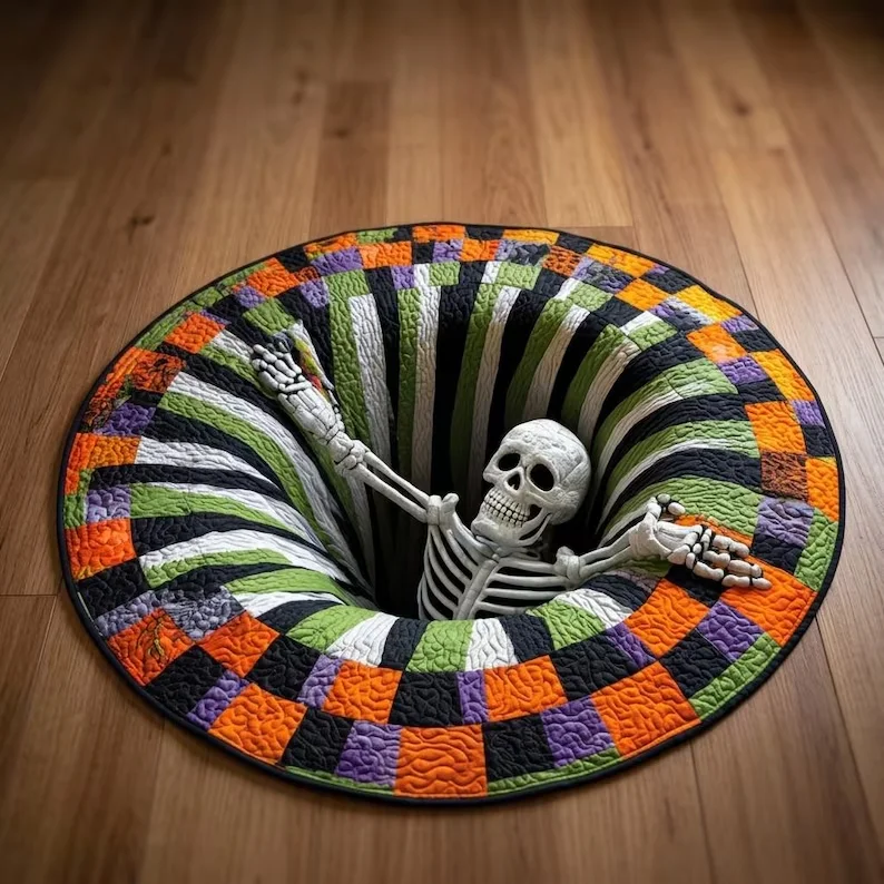 3D-Illusion Totenkopf-Wirbel Runder Teppich Filmraum Horror-Thema Bodenmatte für Wohnzimmer Schlafzimmer Dekoration Teppich Halloween-Geschenk 2D-Druck – Detail 5