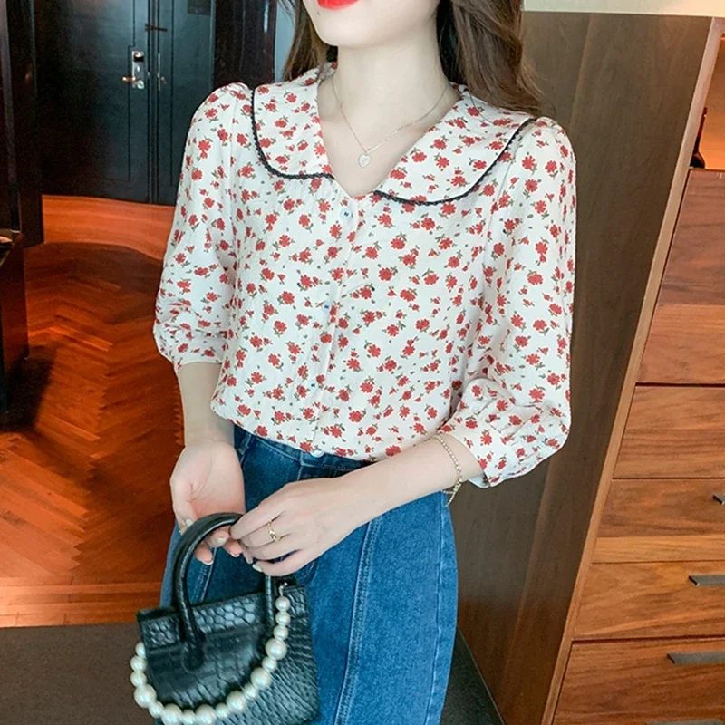 Vintage Floral Summer Chiffon Shirts Women 2024 Korean Fashion Clothes Casual Blouses Sweet Girls Printed Puff Sleeve Tops Mujer