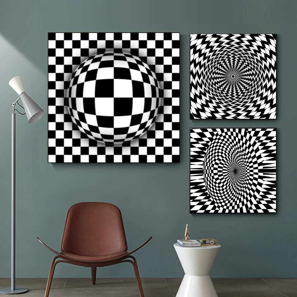 

3D Psychedelic Visual Effect Poster Prints For Living Room Abstract Black White Lines Hallucinatory Canvas Painting Wall Art