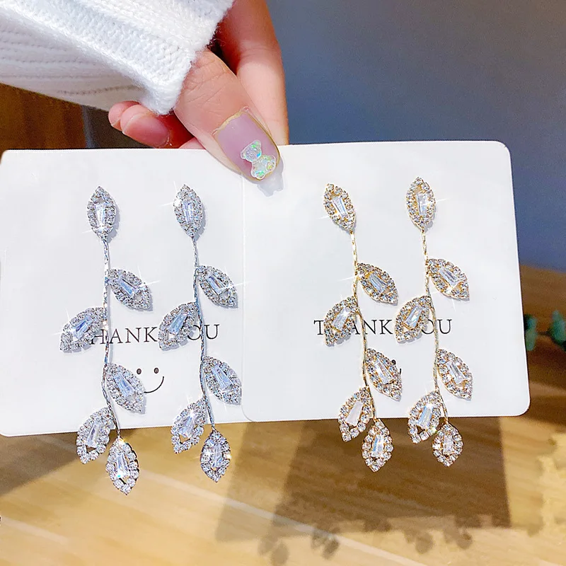 Luxury Rhinestone Crystal Leaves Long Tassel Earrings for Women Bridal Dangling Party Wedding Jewelry Micro Inlaid Cubic Zircon