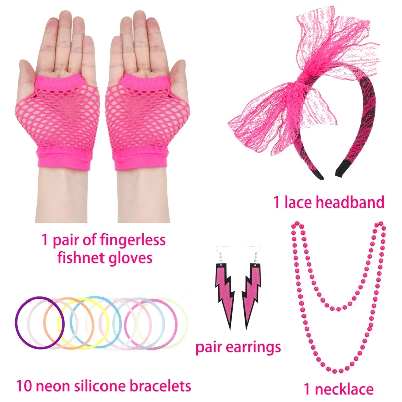 Girls 80s Cosplay Lace Headband Neon Earring Fishnet Glove Necklace Silicone Bracelet Vintage Party Outfit Costume Accessory Set