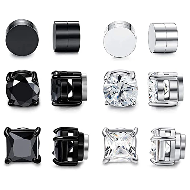 1 Pairs of Magnetic Stud Earrings Men and Women Black CZ Magnet Non-piercing Clip Earring Set Round Black Steel