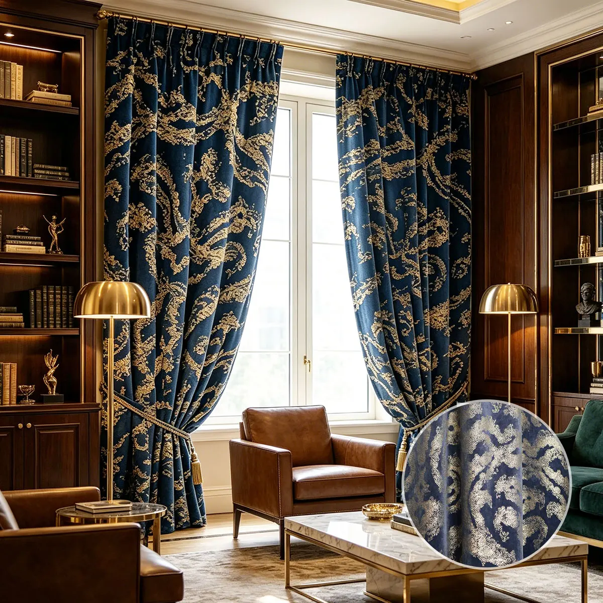 2Pcs Navy Blue Gold Scroll Jacquard Curtains, European Palace Vintage Style, Thermal Blackout Luxury Drapes for Villa Master Bed