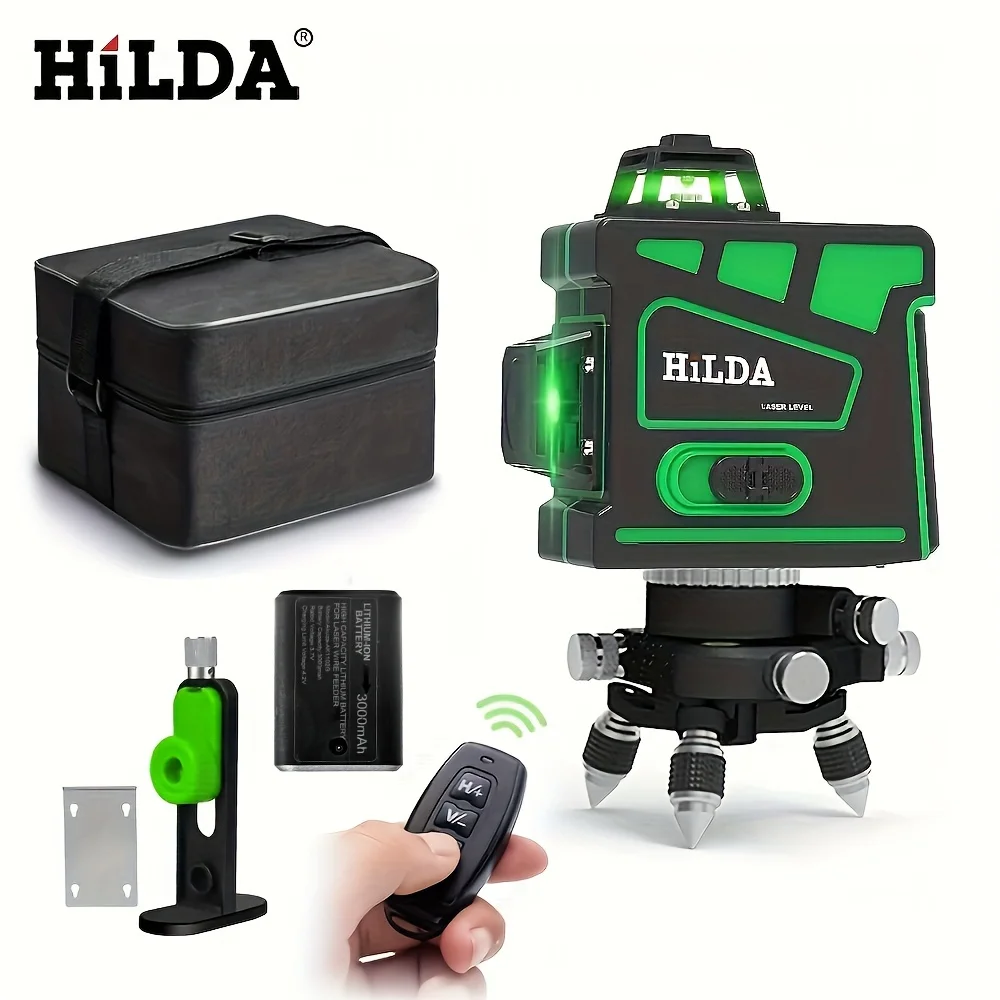 

HILDA New 12 Line Laser Level with Green Light Strip on Wall Bracket and Two Batteries Perpendicular to the Horizontal Line