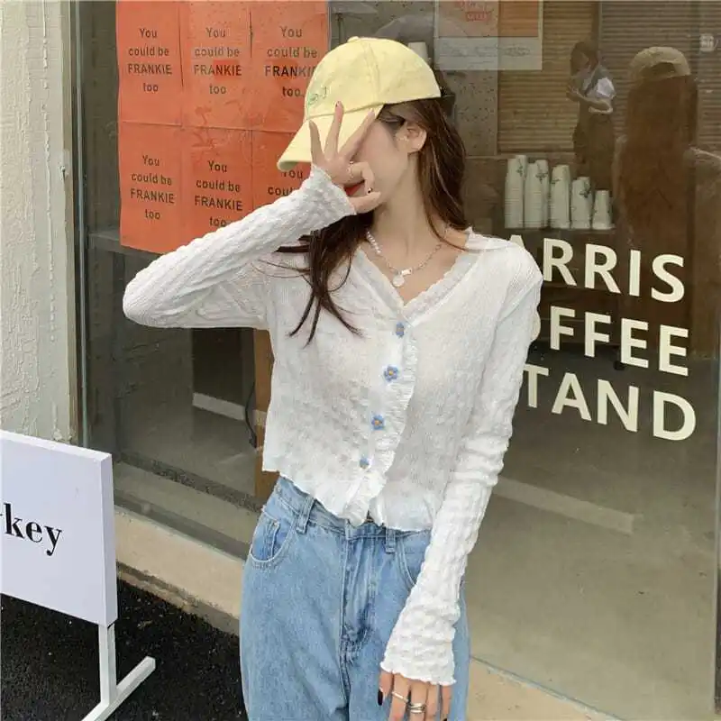 V-neck Women Knitted Cardigan Short Summer Outerwear Sun Protection Fashion All-match Korean Style Simple Students Spring