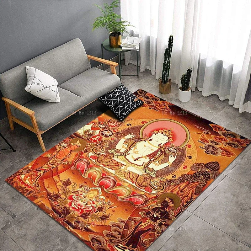 Hinduism Four Arm Guanyin Thangka Meditation Gold Buddha Painting Dharma Lotus Shape Non Slip Flannel Floor Rugs By Ho Me Lili