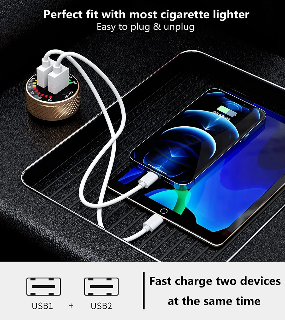 Car Charger 36W Fast Car Charger Adapter QC3.0 Dual USB Car Charger Fast Charge with Colorful Voltmeter ON/Off Switch For iPhone