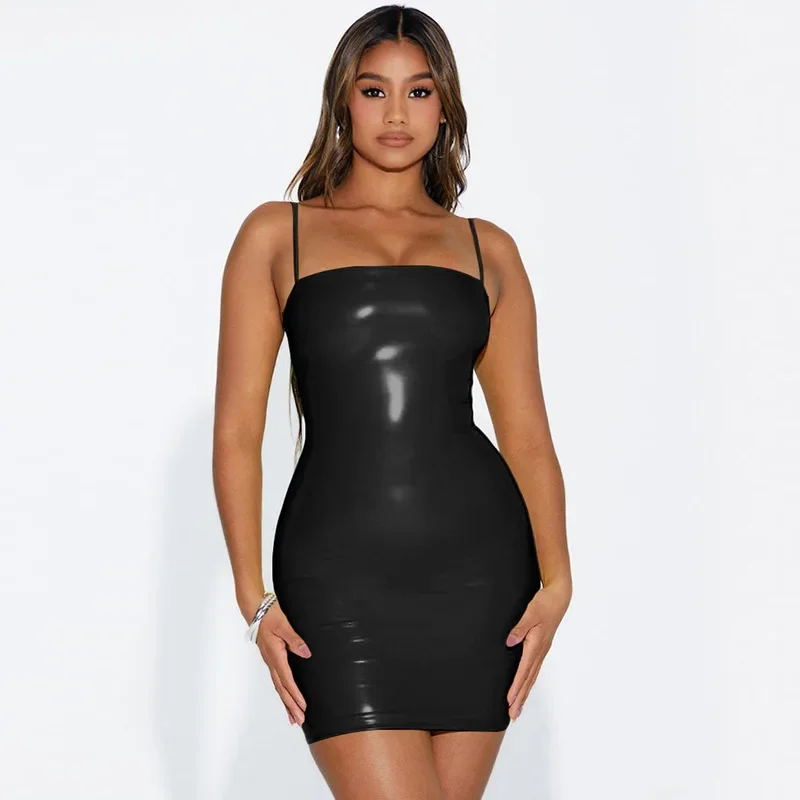 New Sexy Faux Leather Dress Backless Club Party Short Dress Solid Black Wet Look Latex Bodycon Push Up Bra Mini Micro Dress