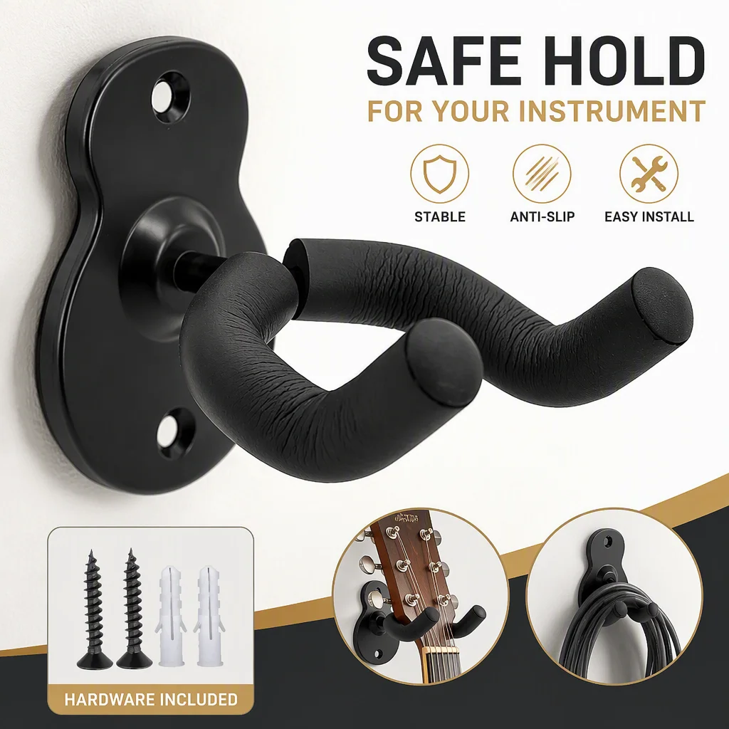 Space Saving Guitar Wall Mount Hanger Heavy Duty Black Metal Hook for Acoustic Electric Bass Guitar Holder