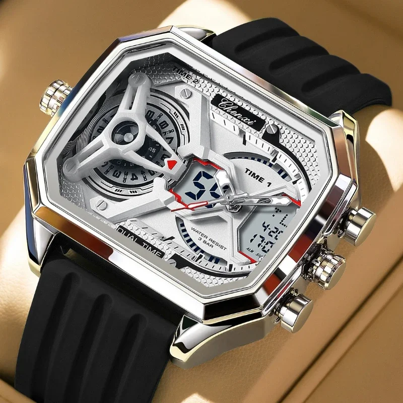 Men's Dual Time Digital Analog Watch Big Dial Sport Chronograph Timer LED Backlight Casual Outdoor Fitness Timepiece