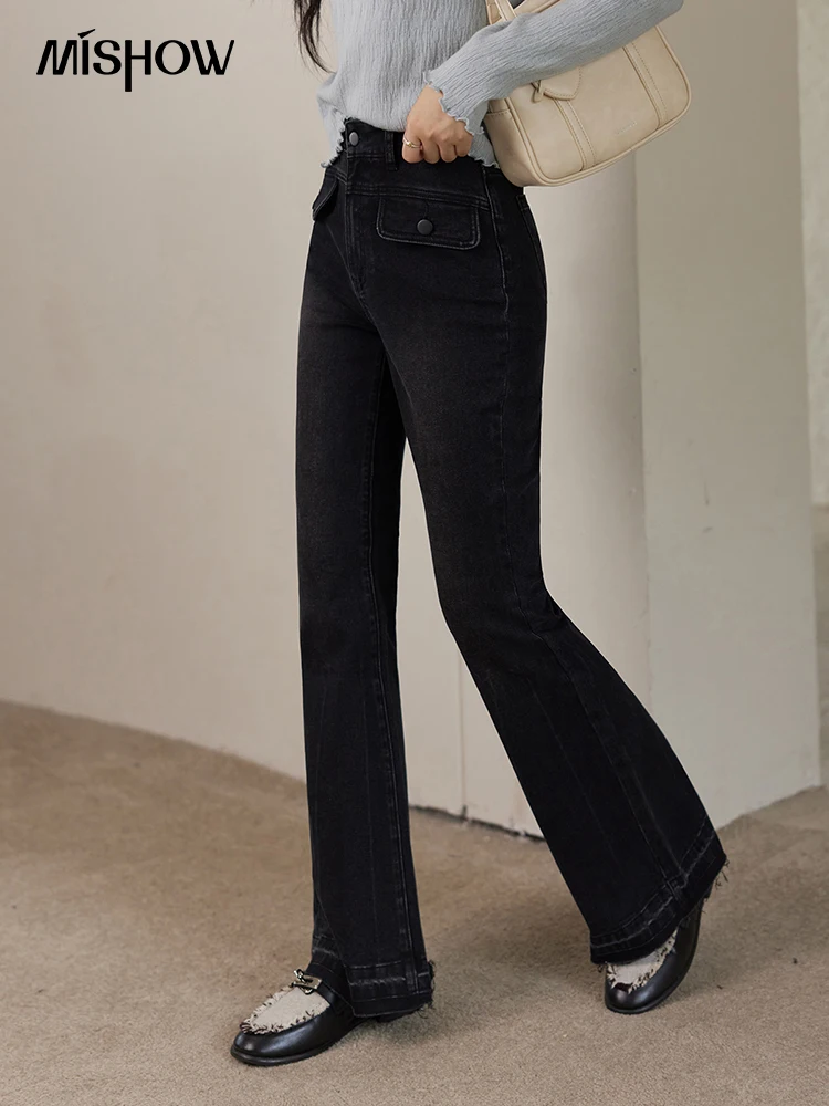 MISHOW Vintage Flared Pants for Women Black Grey Pants 2024 Fall Winter Commuter Denim Pants High Waist Thin Jeans MXD43K0760