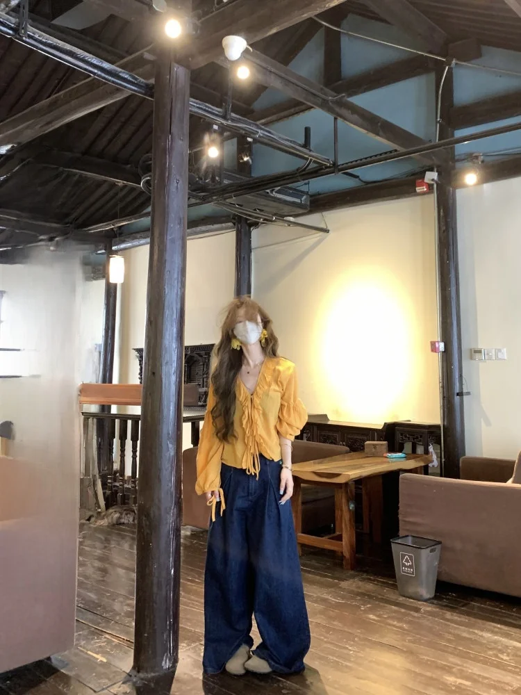 

Джинсы Laid-ba Bloom с широкими штанинами, женские, летние, для повседневной носки, свободные, универсальные, длинные брюки, с высокой талией, в корейском стиле, без стрейча