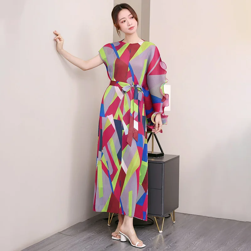 Irregular Dress Advanced Sense Color Matching Geometry Ruffled Summer Women's Miyake Pleated Fashion High Quality Clothes