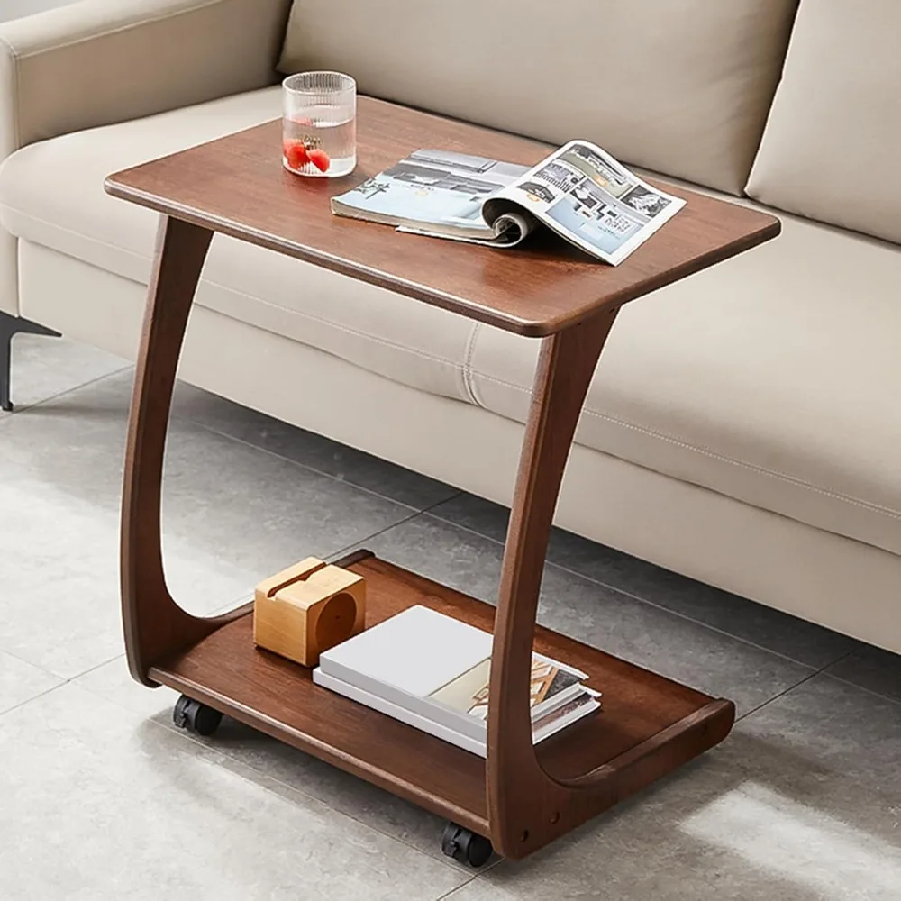 ローリングホイール付き無垢材サイドテーブル、C型エンドテーブル、モバイルベッドサイドテーブル、テレビトレイテーブル、下にスライドできるソファテーブル
