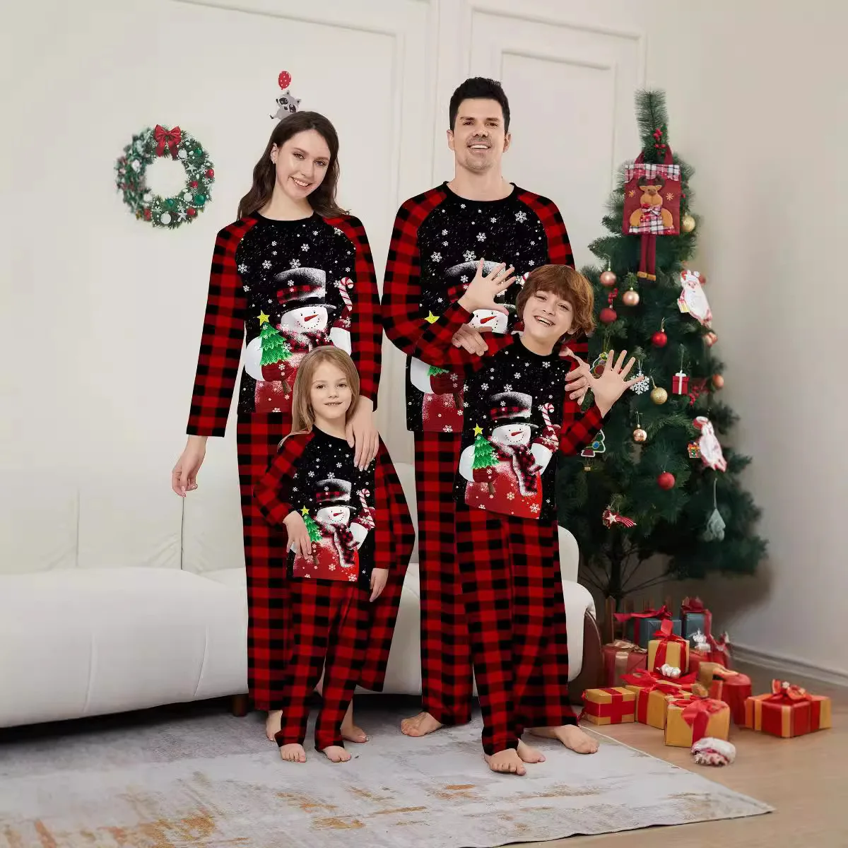 

2025 New children's home wear set, Christmas snowman printed pajamas and pajama pants checkered Christmas parent-child outfit