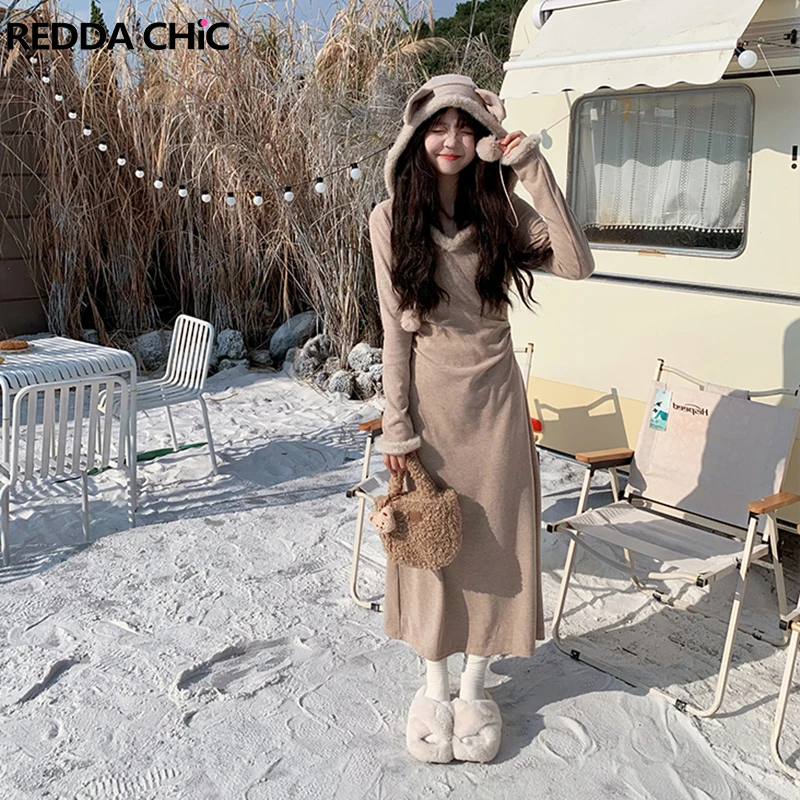 

REDDACHiC Pom Pom Drawstring Hooded Long Knit Dress Women Faux Fur Trim Ruched Long Sleeves Y2k Vintage Loose A-line Long Dress