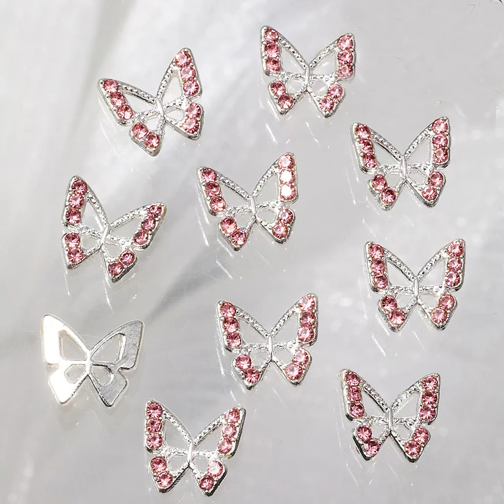 10 Stück Schmetterling Nail Art Charms 3D-Legierung Luxus rosa Diamant Edelstein Schmetterling Nagel Strass Kawaii DIY Nagel Zubehör