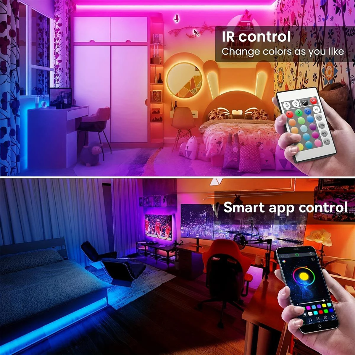 Strip LED 30 LEDS/meter, kontrol aplikasi Bluetooth dengan baterai dan catu daya colokan US untuk dekorasi rumah dan lampu sekitar