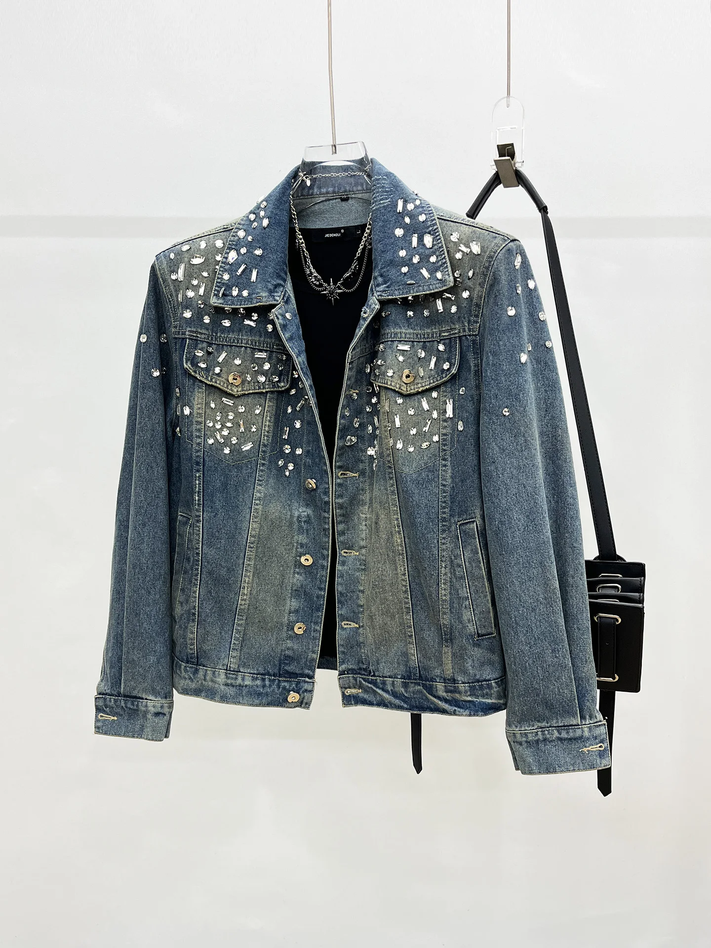 

Retro American Waed Heavy Du Rhinestone Denim Jaet Men's Loose Trendy Spring Autumn Outerwear Youth ular Long Sve