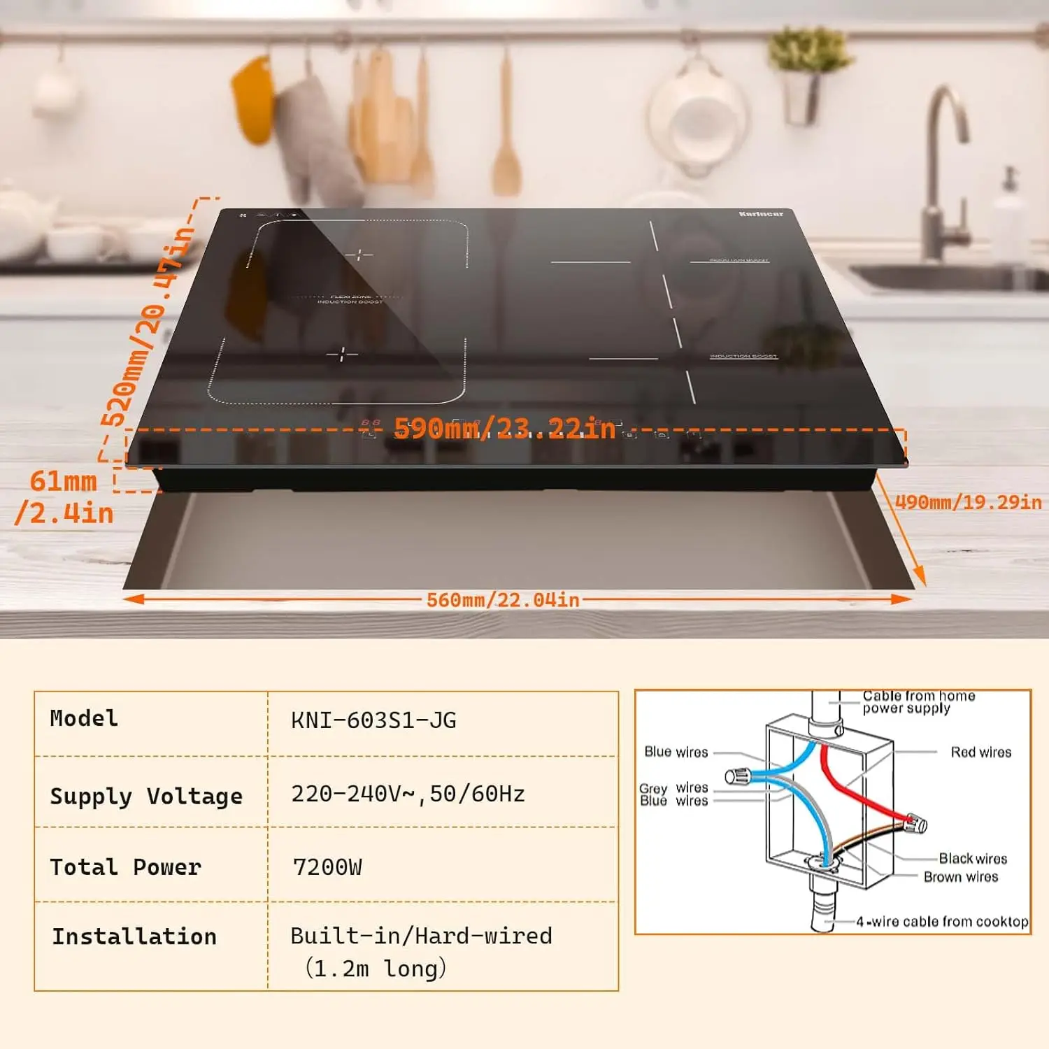 موقد كارينير التعريفي 4 مناطق (مع مقلاة)، موقد كهربائي فليكس زون 60 سم 7200 وات تحكم منزلق مع قفل آمن للمؤقت التعزيز