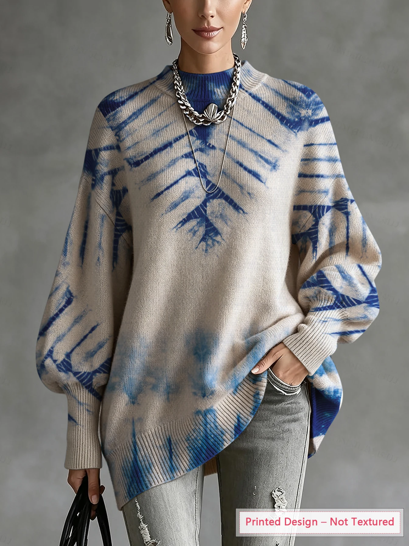 Women's Thin Autumn/Winter Top, Blue Artistic Abstract Print, Diagonal Hem, Lantern Sleeves, Casual Style