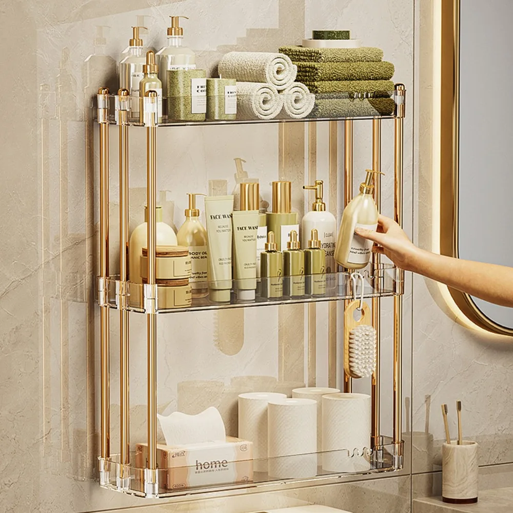 2/3 Layers Bathroom Storage Rack Layered Towel Holder Metal Shelves Without Punching Holes Shelves Wall-mounted Bathroom Shelf