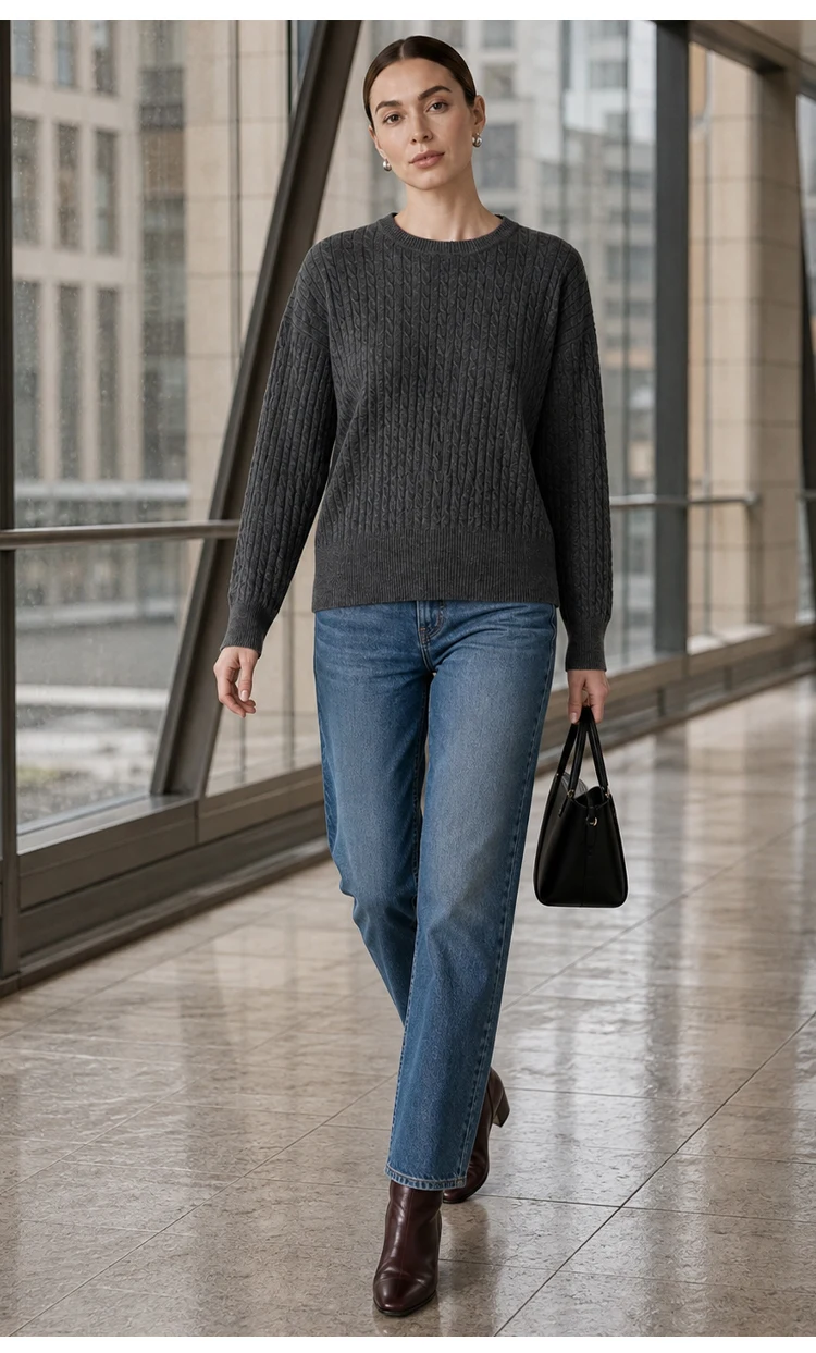 ML62062 Damen Minimalistischer Zopfmuster-Pullover mit Rundhalsausschnitt, Langarm, Modal-Mischung, Weich und Warm, Herbst-Winter-Oberteil – Detail 9