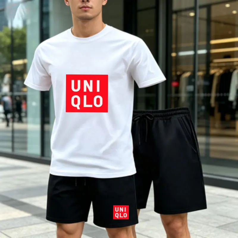 Men's motorcycle casual sports set 2-piece summer short sleeved T-shirt+drawstring shorts breathable sports cycling jogging suit