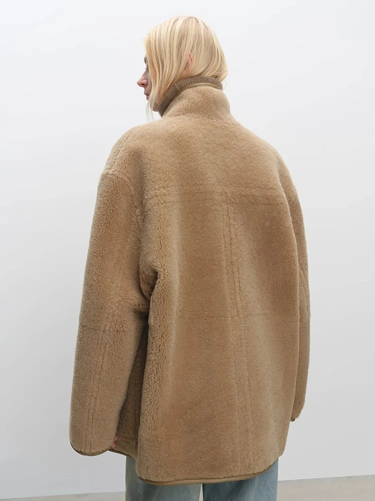 Giacche invernali in pelle scamosciata di pecora merino di lusso di fascia alta da donna Colletto semplice alla coreana Cappotto in vera pelliccia di vera pelle a doppia faccia