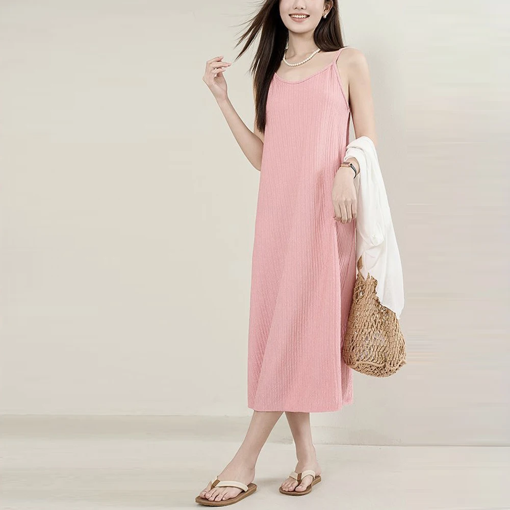 

Sweet Pleated Knitted Dress Women Strap Sleeveless Backless Mori Girl Style Pink Midi Sundress Female Beach Dress Vestido Verano