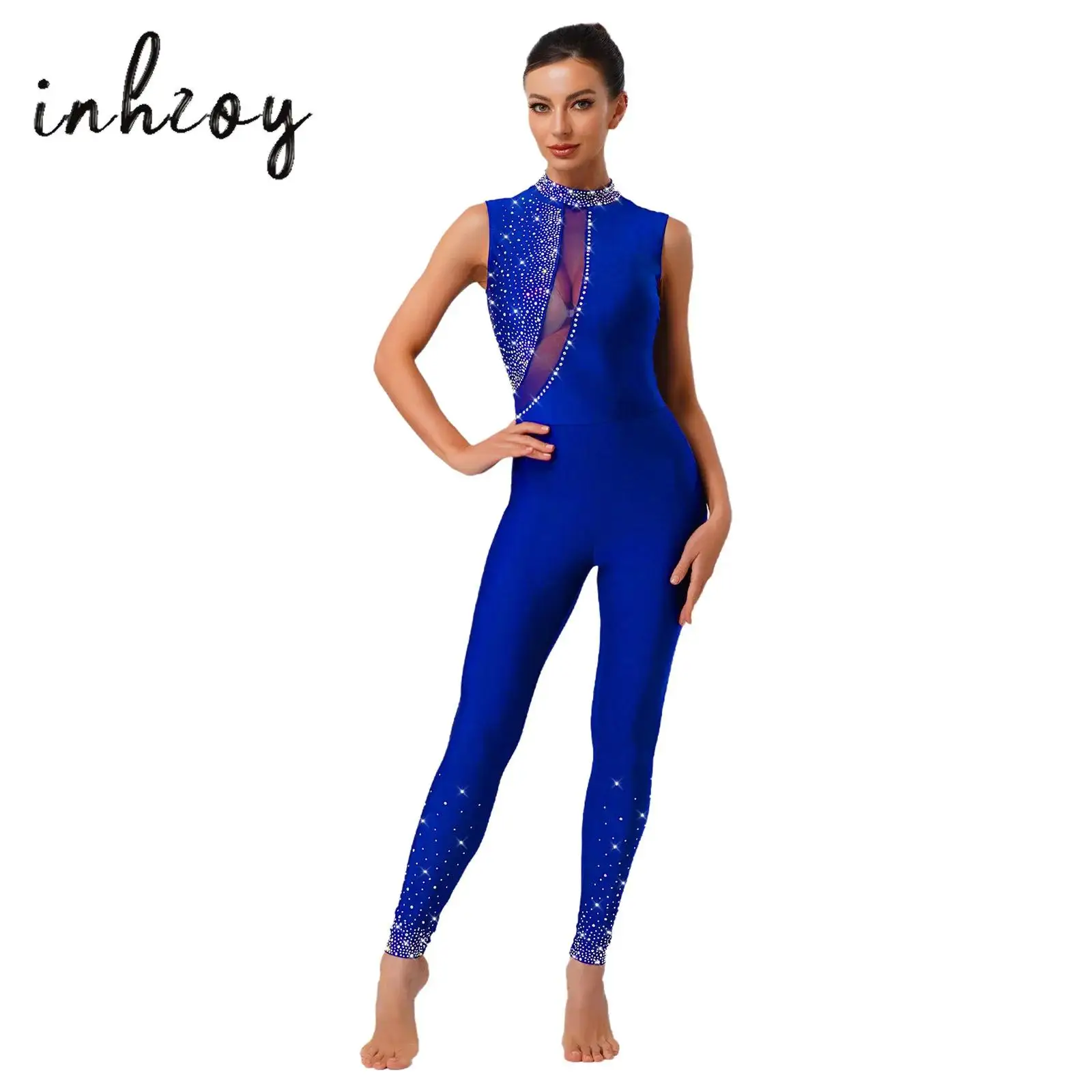 

Womens Gymnastics Rompers Bodysuit Glittery Rhinestones Sleeveless Bodycon Unitard Jumpsuit for Yoga Workout Dance Competition