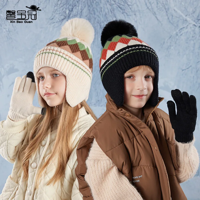 Children's Hat Gloves Fur Ball Colorful Rhombus Pattern Knitted Woolen Cap Male and Female Fleece-lined Warm Ear