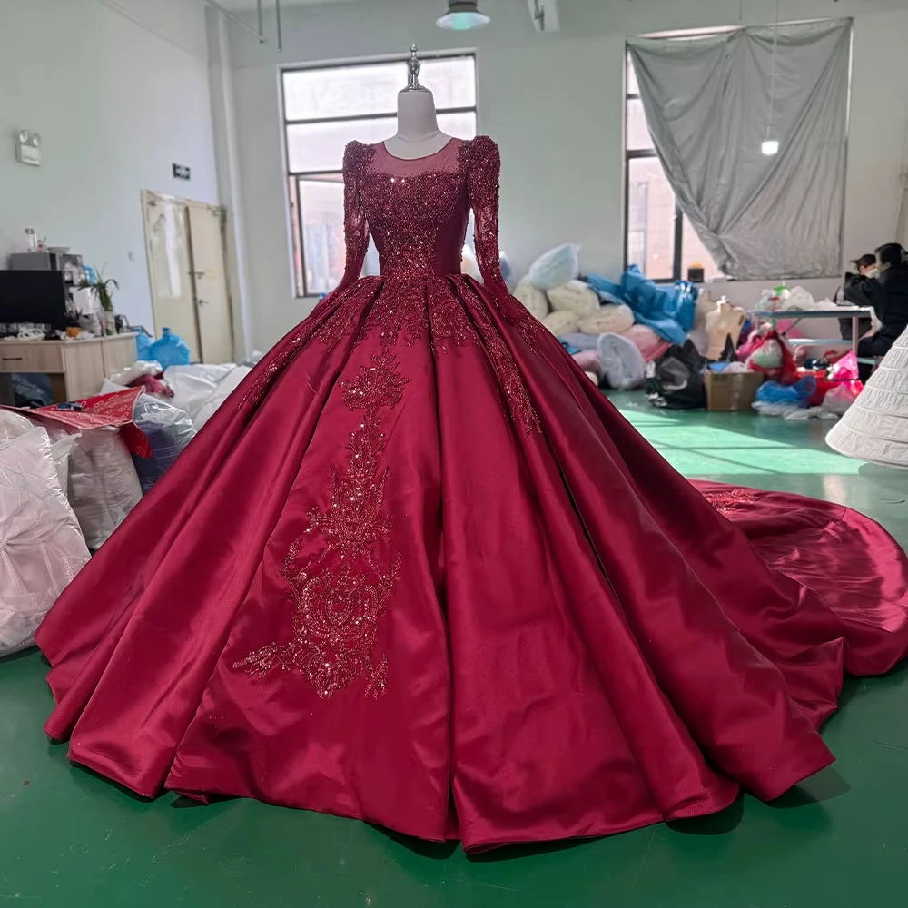 Vestido de noche para mujer, manga larga, cuello redondo, con cordones, ojo de cerradura en la espalda, bordado de cristal, vestidos largos rojos con cuentas para ocasiones especiales