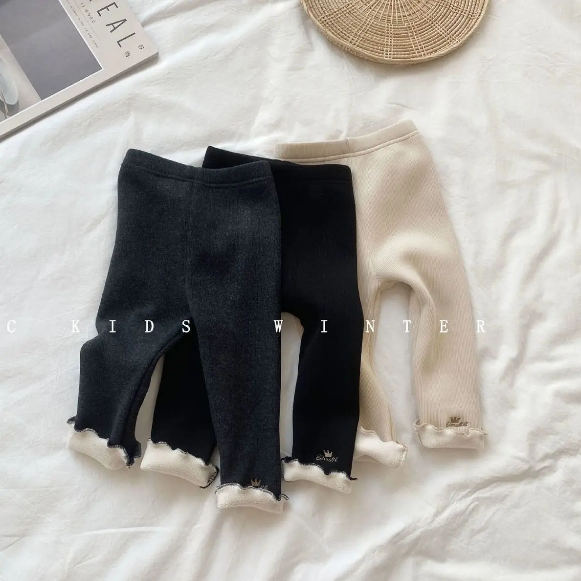Autumn Winter Kids Fleece Embroidery Crown Warm Children German Velvet Fungus Rolled Up Lace Leggings Girls Solid Color Trousers