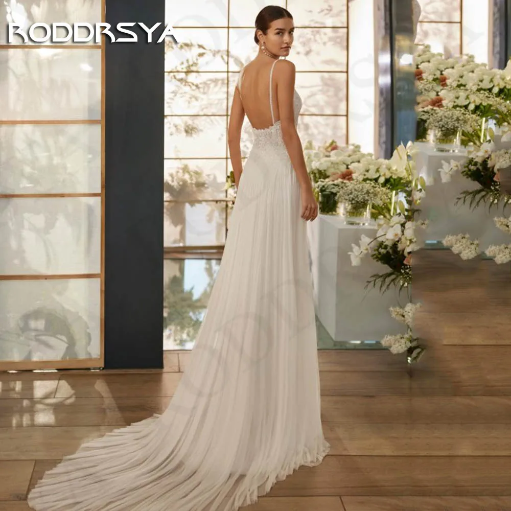 Roddrsya Spaghetti träger Brautkleid Abito da Sposa V-Ausschnitt Chiffon Split Brautkleider rücken freie Spitze Applikationen eine Linie Frauen Spaghetti-Träger Brautkleid  V-Ausschnitt Chiffon Split Brautkleider  Rück